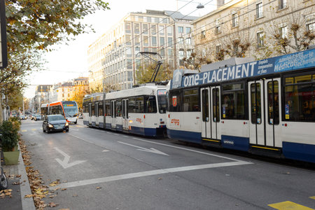 GENEVA, SWITZERLAND - NOVEMBER 18, 2015: view of Geneva. Geneva is a global city, a financial center, and worldwide center for diplomacy due to the presence of numerous international organizations.のeditorial素材