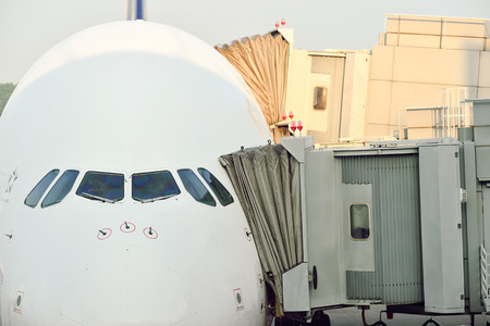 SINGAPORE - NOVEMBER 10, 2015: Airbus A380 docked at Changi Airport. Singapore Changi Airport, is the primary civilian airport for Singapore, and one of the largest transportation hubs in Southeast Asiaのeditorial素材