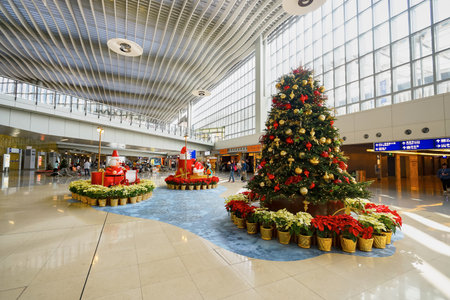 HONG KONG - DECEMBER 24, 2015: interior of  Hong Kong Airport. Hong Kong International Airport is the main airport in Hong Kong. It is located on the island of Chek Lap Kokのeditorial素材
