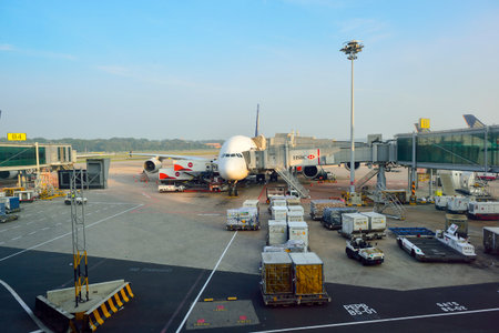 SINGAPORE - NOVEMBER 10, 2015: Airbus A380 docked at Changi Airport. Singapore Changi Airport, is the primary civilian airport for Singapore, and one of the largest transportation hubs in Southeast Asiaのeditorial素材