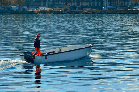 GENEVA, SWITZERLAND - NOVEMBER 19, 2015: view of Lake Geneva. Lake Geneva is a lake on the north side of the Alps, shared between Switzerland and Franceのeditorial素材