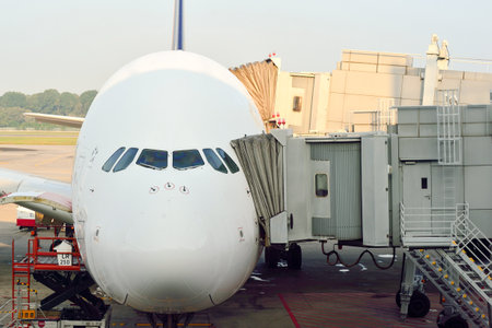 SINGAPORE - NOVEMBER 10, 2015: Airbus A380 docked at Changi Airport. Singapore Changi Airport, is...