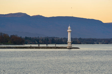 GENEVA, SWITZERLAND - NOVEMBER 18, 2015: view of Lake Geneva. Lake Geneva is a lake on the north side of the Alps, shared between Switzerland and Franceのeditorial素材
