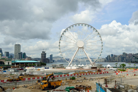 HONG KONG - JUNE 02, 2015: cunstruction progress of The Hong Kong Ovservation Wheel in May. The Hong Kong Ovservation Wheel is 60-meter tall ferris wheel in Central waterfront promenadeのeditorial素材
