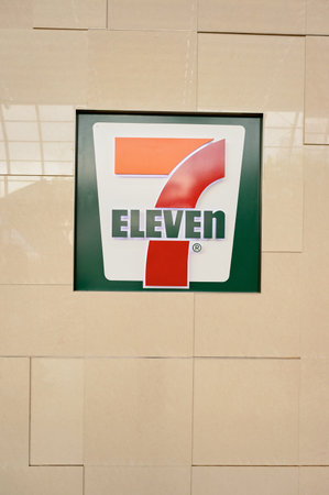SINGAPORE - NOVEMBER 08, 2015: close up shot of 7-Eleven sign. 7-Eleven is an international chain of...