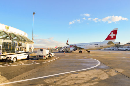 GENEVA, SWITZERLAND - NOVEMBER 18, 2015: Swiss Airbus A320 at Geneva airport. Swiss International Air Lines AG is the flag carrier airline of Switzerland operating scheduled services in Europe and to North America, South America, Africa and Asiaのeditorial素材
