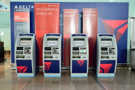 BARCELONA, SPAIN - NOVEMBER 20, 2015: check-in kiosks in Barcelona airport. Barcelona-El Prat...
