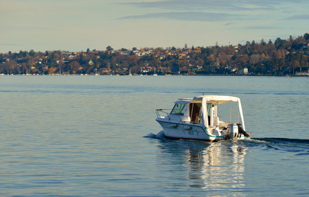 GENEVA, SWITZERLAND - NOVEMBER 19, 2015: view of Lake Geneva. Lake Geneva is a lake on the north side of the Alps, shared between Switzerland and Franceのeditorial素材