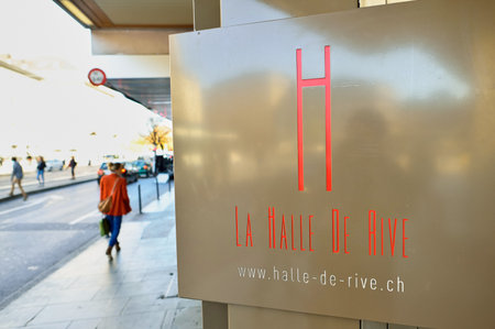 GENEVA, SWITZERLAND - NOVEMBER 18, 2015: signboard of La Halle de Rive. Halle de Rive is indoor food market in Geneve, Switzerland.のeditorial素材