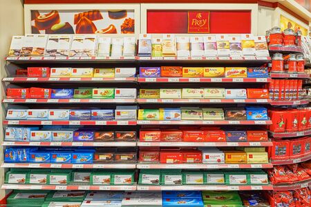 GENEVA, SWITZERLAND - SEPTEMBER 19, 2015: interior of Migros supermarket. Migros is Switzerland's largest retail company, its largest supermarket chain and largest employerのeditorial素材