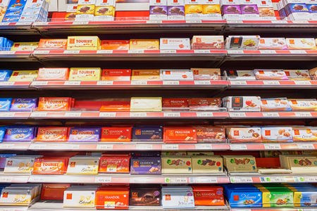 GENEVA, SWITZERLAND - SEPTEMBER 18, 2015: interior of Migros supermarket. Migros is Switzerland's largest retail company, its largest supermarket chain and largest employerのeditorial素材