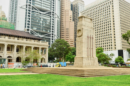 HONG KONG - MAY 06, 2015: The Cenotaph in Central. The Cenotaph is a war memorial, constructed in 1923 and located between Statue Square and the City Hall in Central, Hong Kongのeditorial素材