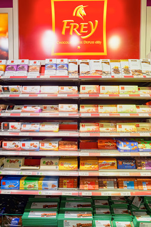 GENEVA, SWITZERLAND - SEPTEMBER 18, 2015: interior of Migros supermarket. Migros is Switzerland's largest retail company, its largest supermarket chain and largest employerのeditorial素材