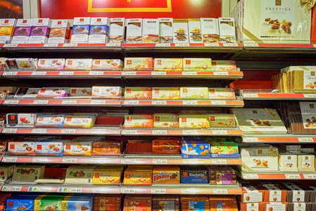 GENEVA, SWITZERLAND - SEPTEMBER 18, 2015: interior of Migros supermarket. Migros is Switzerland's largest retail company, its largest supermarket chain and largest employerのeditorial素材