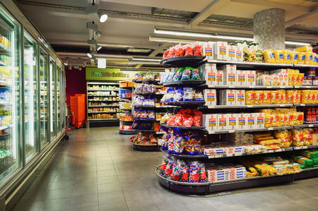 GENEVA, SWITZERLAND - SEPTEMBER 18, 2015: interior of Migros supermarket. Migros is Switzerland's largest retail company, its largest supermarket chain and largest employerのeditorial素材