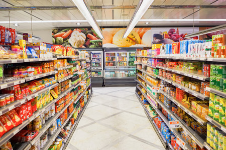 GENEVA, SWITZERLAND - SEPTEMBER 19, 2015: interior of Migros supermarket. Migros is Switzerland's largest retail company, its largest supermarket chain and largest employerのeditorial素材
