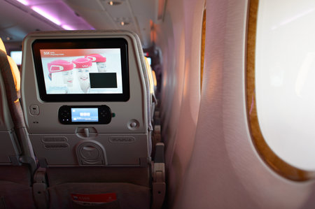 HONG KONG - MARCH 09, 2015: Emirates Airbus A380 aircraft interior. Emirates handles major part of passenger traffic and aircraft movements at the airport.のeditorial素材