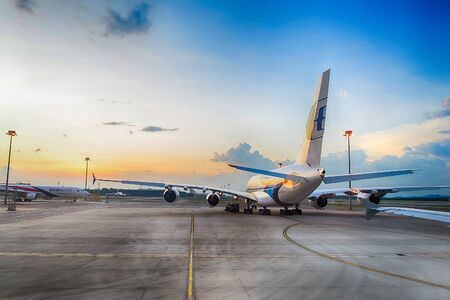KUALA-LUMPUR - MAY 06: Airbus A380 in the airport on May 06, 2014 in Kuala-Lumpur, Malaysia. Malaysia Airlines is the flag carrier of Malaysia and a member of the Oneworld airline allianceのeditorial素材