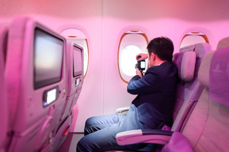 HONG KONG - MARCH 09, 2015: Emirates Airbus A380 economy class passenger. Emirates handles major part of passenger traffic and aircraft movements at the airport.のeditorial素材