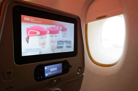 HONG KONG - MARCH 09, 2015: Emirates Airbus A380 aircraft interior. Emirates handles major part of passenger traffic and aircraft movements at the airport.のeditorial素材