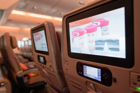 HONG KONG - MARCH 09, 2015: Emirates Airbus A380 aircraft interior. Emirates handles major part of passenger traffic and aircraft movements at the airport.のeditorial素材