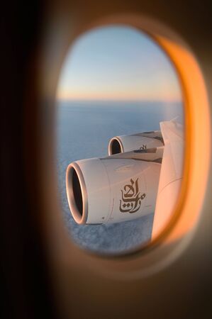 HONG KONG - MARCH 09, 2015: aerial view from Emirates Airbus A380 aircraft. Emirates handles major...