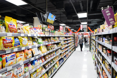 SHENZHEN, CHINA - FEBRUARY 04, 2015: AEON supermarket interior in ShenZhen. ShenZhen is regarded as one of the most successful Special Economic Zones.のeditorial素材