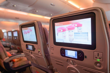 HONG KONG - MARCH 09, 2015: Emirates Airbus A380 aircraft interior. Emirates handles major part of passenger traffic and aircraft movements at the airport.のeditorial素材