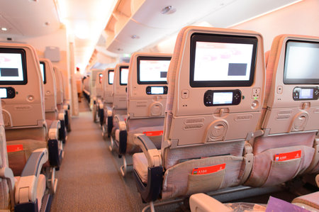 HONG KONG - MARCH 09, 2015: Emirates Airbus A380 aircraft interior. Emirates handles major part of passenger traffic and aircraft movements at the airport.のeditorial素材