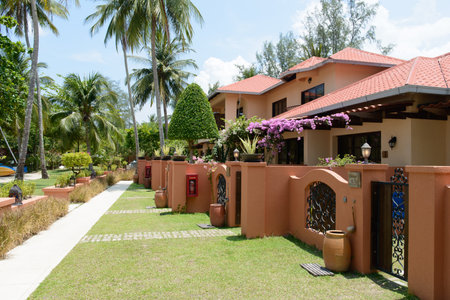 LANGKAWI - APRIL 30: Resort area near beach on Langkawi Island on April 30, 2014 in Langkawi, Malaysia. Langkawi is an archipelago of 104 islands in the Andaman Seaのeditorial素材