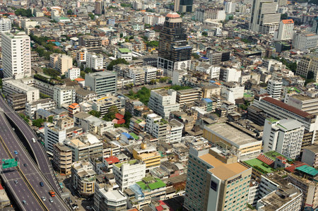 BANGKOK, THAILAND - OCTOBER 27, 2011: Aerial vew on Bangkok downtown from Leboa hotel. Bangkok is the capital of Thailand. It is known in Thai as Krung Thep Maha Nakhon.のeditorial素材