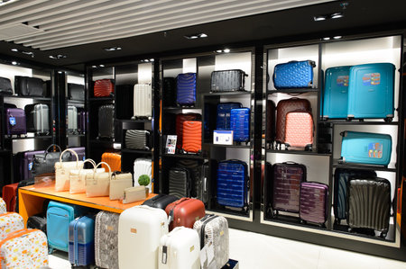 SHENZHEN, CHINA - FEBRUARY 16, 2015: airport bags store interior. Shenzhen Bao'an International Airport is located near Huangtian and Fuyong villages in Bao'an District, Shenzhen, Guangdongのeditorial素材