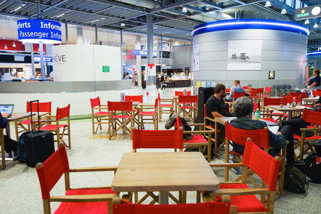 GENEVA - SEP 11: Airport interior on September 11, 2014 in Geneva, Switzerland. Geneva International Airport is the international airport of Geneva, Switzerland. It is located 4 km northwest of the city centreのeditorial素材