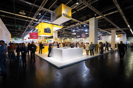 COLOGNE, GERMANY - SEPTEMBER 19, 2014: Photokina Exhibition interior. The Photokina is the world's largest trade fair for the photographic and imaging industriesのeditorial素材