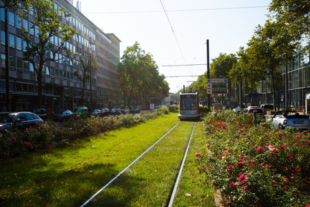 DUSSELDORF - SEP 16: Dusseldorf streets on September 16, 2014 in Dusseldorf, Germany. Dusseldorf is the capital city of the German state of North Rhine-Westphalia and centre of the Rhine-Ruhr metropolitan region with a population of 11 million people.のeditorial素材