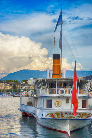 GENEVA - SEP 15: steam engine ship on September 15, 2014 in Geneva, Switzerland. Geneva is the second most populous city in Switzerland and is the most populous city of Romandy, the French-speaking part of Switzerlandのeditorial素材