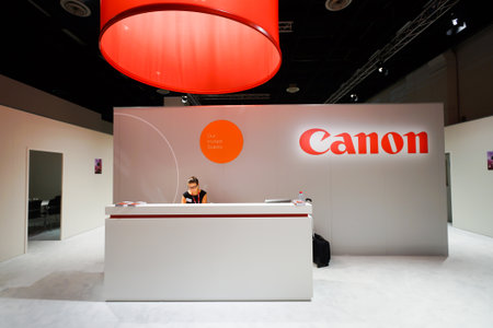 COLOGNE, GERMANY - SEPTEMBER 19, 2014: Canon stand in the Photokina Exhibition. The Photokina is the world's largest trade fair for the photographic and imaging industriesのeditorial素材