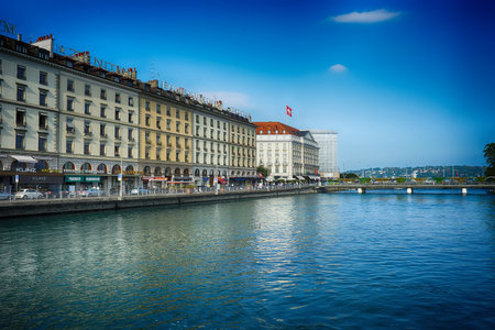 GENEVA - SEP 11: Geneva downtown on September 11, 2014 in Geneva, Switzerland. Geneva is the second...