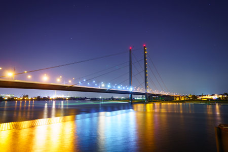 DUSSELDORF - SEP 16: Rhine at night on September 16, 2014 in Dusseldorf, Germany. Dusseldorf is the capital city of the German state of North Rhine-Westphalia and centre of the Rhine-Ruhr metropolitan region with a population of 11 million people.のeditorial素材