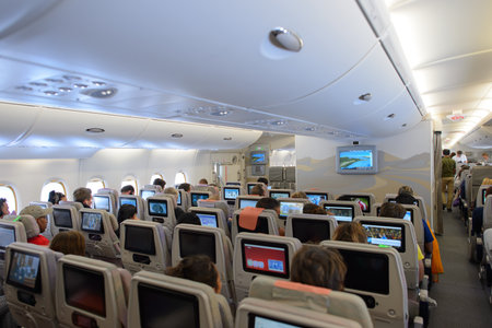 BANGKOK, THAILAND - JUNE 22, 2015: Emirates A380-800 interior. Emirates is one of two flag carriers...