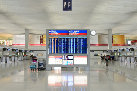 HONG KONG - MAY 06, 2015: Hong Kong International Airport. Hong Kong International Airport is the main airport in Hong Kong. It is located on the island of Chek Lap Kok.のeditorial素材