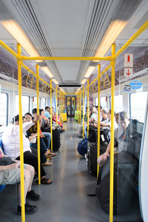 BANGKOK, THAILAND - JUNE 19, 2015: City Line Train interior. The Airport Rail Link is an commuter rail in Bangkok, Thailand. The City Line stops at all 8 stations.のeditorial素材