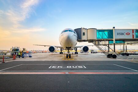 DUBAI, UAE - MARCH 30, 2015: Boeing 777-300ER at Dubai International Airport. The Boeing 777 is a...