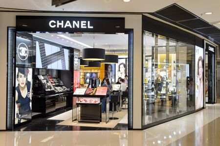 HONG KONG - MAY 05, 2015: Chanel cosmetics boutique interior. Cosmetics are the most accessible Chanel product, with counters in upmarket department stores across the world, including Harrods, Galeries Lafayette, Bergdorf Goodman, Hudson's Bay, and David のeditorial素材