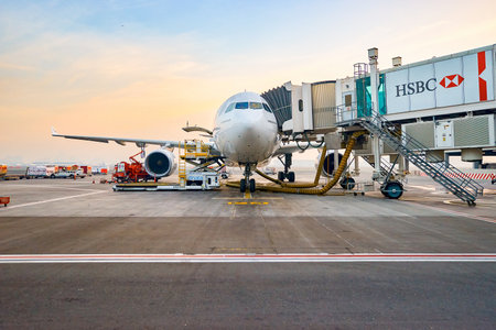 DUBAI, UAE - MARCH 30, 2015: Airbus A330-200 at Dubai International Airport. The Airbus A330 is a medium to long range wide-body twin-engine jet airliner made by Airbus.のeditorial素材