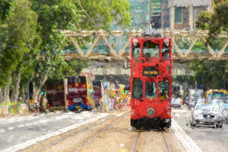 Double-decker tram on street of Hong Kongのeditorial素材