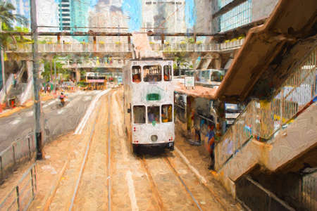 Double-decker tram on street of Hong Kongのeditorial素材