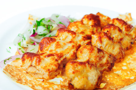 close up shot of restaurant food isolated on white backgroundの写真素材