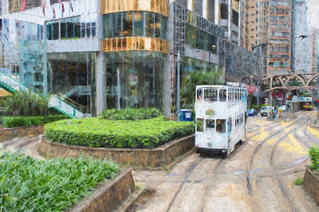 Double-decker tram on street of Hong Kongのeditorial素材