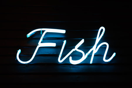 Neon shining signboard at nightの写真素材